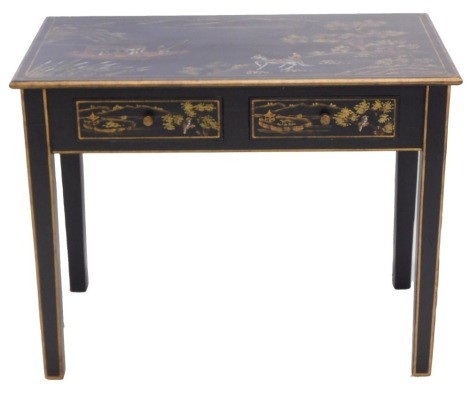 A black Japanned side table, decorated with Oriental landscapes in gilt, the rectangular top with a moulded edge above two frieze drawers, on square tapering legs, 70cm high, 91cm wide, 50cm deep.