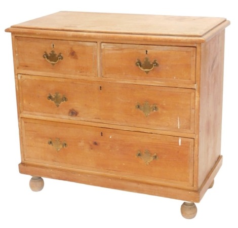 A Victorian pine chest of drawers, top with a moulded edge, with two short and two long drawers, on turned feet, 92cm wide.