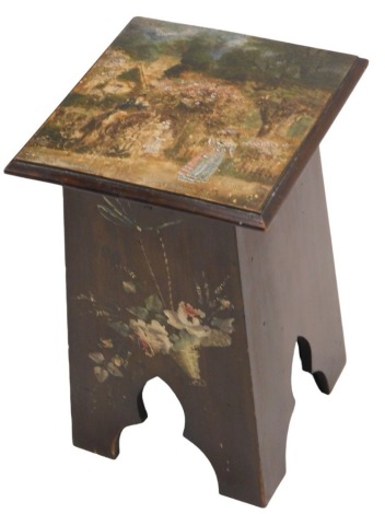 An early 20thC mahogany occasional table, painted with scene of figures, horse, cottages and flowers, 39cm high, 24cm wide.