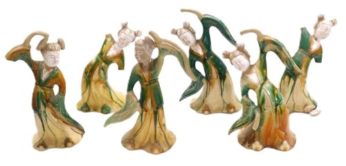 Six Chinese sancai glazed figures of dancers, in assorted poses, the tallest 30.5cm high.