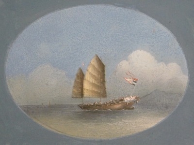 A pair of Chinese 19thC paintings of a dragon boat and a junk, framed and glazed. 18cm x 24cm. - 2