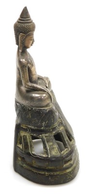 A Cambodian bronze figure, of a seated Buddha, raised on a pierced and engraved base, 15cm high. - 4