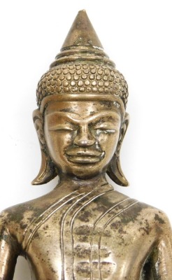 A Cambodian bronze figure, of a seated Buddha, raised on a pierced and engraved base, 15cm high. - 6