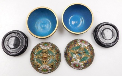 A group of Chinese porcelain and collectables, including a blue glazed dog of fo, two further dogs, and a pair of cloisonne pots and covers formed as fruit. (a quantity) - 16