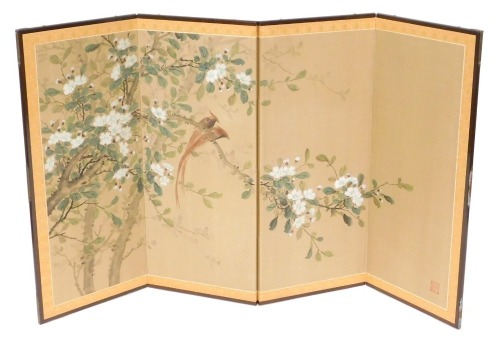 Vintage Japanese retail Hand Painted 4 Panel Silk Folding Screen 24”tall x 48”Wide