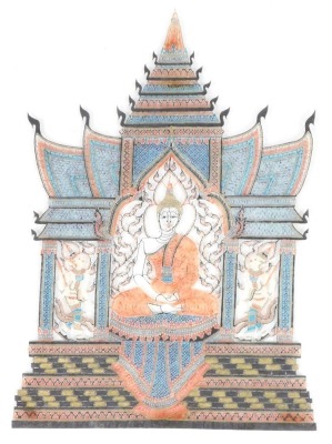 Thai School (19th/20thC), Buddha and the Dvarapalas in the Temple, painted hide, framed and glazed, 54.5cm x 41cm.