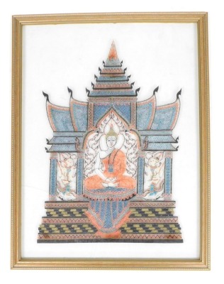 Thai School (19th/20thC), Buddha and the Dvarapalas in the Temple, painted hide, framed and glazed, 54.5cm x 41cm. - 2