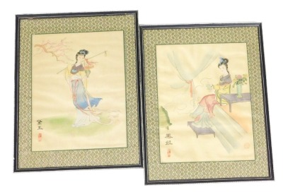 Japanese School (Early 20thC), two studies of ladies, one standing, the other seated with a tea bowl and cover, watercolours on silk, signed, 38cm x 29cm.