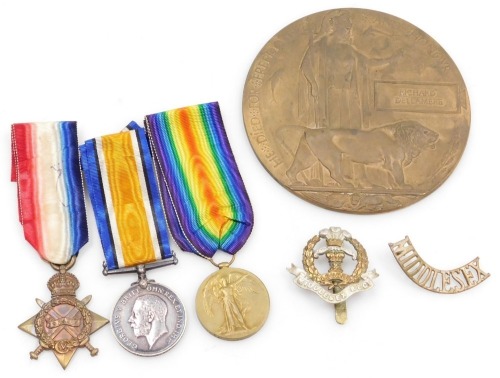 A WWI medal trio, comprising British War medal, 1914-15 Star and Victory medal, all inscribed to L-13376 Pte. R (Richard) Delamere, Middlesex Rgt., with bronze death plaque, cap badge and shoulder title.