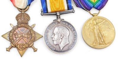 A WWI medal trio, comprising British War medal, 1914-15 Star and Victory medal, all inscribed to L-13376 Pte. R (Richard) Delamere, Middlesex Rgt., with bronze death plaque, cap badge and shoulder title. - 2