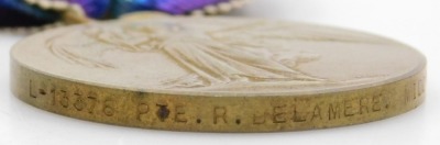 A WWI medal trio, comprising British War medal, 1914-15 Star and Victory medal, all inscribed to L-13376 Pte. R (Richard) Delamere, Middlesex Rgt., with bronze death plaque, cap badge and shoulder title. - 5