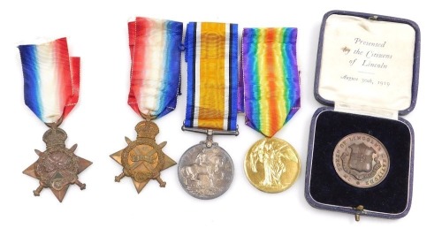 WWI medal trio, comprising 1914-18 British War medal, 1914-15 Star and Victory medal, inscribed to 1964 Pte. A W Dovey, Lincolnshire Rgt. and a Lincoln Appreciation bronze medallion 1914-19, inscribed In Token of Lincoln's Gratitude, in case and an Associ