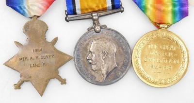 WWI medal trio, comprising 1914-18 British War medal, 1914-15 Star and Victory medal, inscribed to 1964 Pte. A W Dovey, Lincolnshire Rgt. and a Lincoln Appreciation bronze medallion 1914-19, inscribed In Token of Lincoln's Gratitude, in case and an Associ - 3