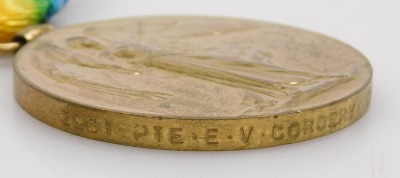 A WWI medal trio, comprising 1914-15 Star, 1914-18 British War medal and Victory medal, inscribed to 2961 Pte. E V Cordery, Oxfordshire and Buckinghamshire Light Infantry. - 4