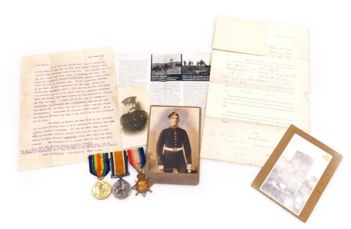 A WWI medal trio, comprising 1914-15 Star, 1914-18 British War medal and Victory medal, inscribed to Sr-2393 Cpl. W Rawlings, Royal Artillery, together with photographs and documentation including original carbon copy letter dated 29th June 1916 giving de