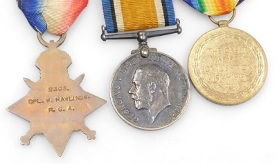 A WWI medal trio, comprising 1914-15 Star, 1914-18 British War medal and Victory medal, inscribed to Sr-2393 Cpl. W Rawlings, Royal Artillery, together with photographs and documentation including original carbon copy letter dated 29th June 1916 giving de - 3