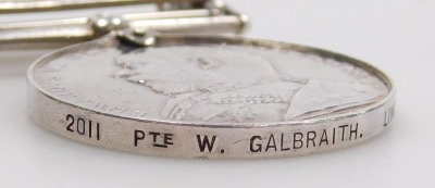 A King's South Africa medal, with two clasps for South Africa 1901 and 1902, inscribed to 2011 Pte. W Galbraith, Lincolnshire Rgt., lacking ribbon. - 3