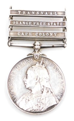 A Queen's South Africa medal, with clasps for Transvaal, Orange Free State, and Cape Colony, inscribed to 5238 Pte. R Fox, Second Lincolnshire Rgt., lacking ribbon.