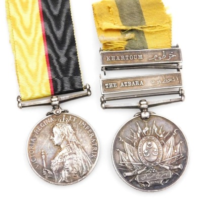 A Queen's Sudan medal, and Khedive's Sudan medal 1896-1908, inscribed to 3816 Pte. R H Collier, 1st Lincolnshire Rgt., the Khedive's medal with Khartoum and Atbara clasps. (2)