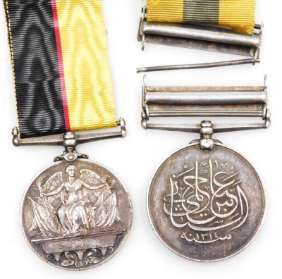 A Queen's Sudan medal, and Khedive's Sudan medal 1896-1908, inscribed to 3816 Pte. R H Collier, 1st Lincolnshire Rgt., the Khedive's medal with Khartoum and Atbara clasps. (2) - 2