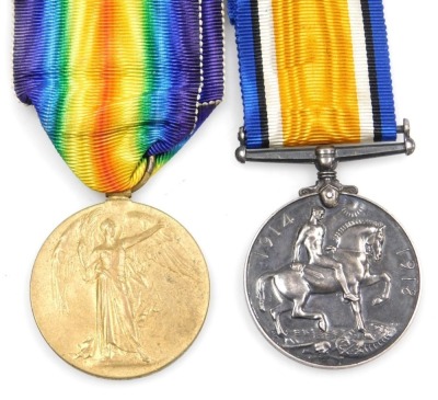 A WWI medal pair, comprising 1914-18 British War medal and Victory medal, inscribed to 29054 Pte. G Hindley, East Yorkshire Rgt.