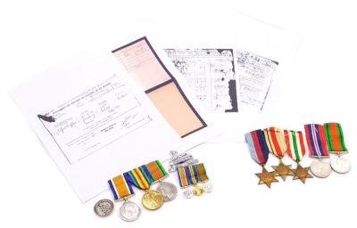 WWI and WWII associated medal groups, comprising 1914-18 British War medal and Victory medal, inscribed to 4468 Pte. J Willoughby, Lincolnshire Rgt., and WWII Defence medal, inscribed to 4468 Pte. J Willoughby, Lincolnshire Rgt., with miniature group, (so