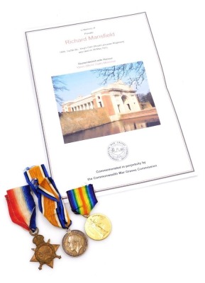 A WWI medal trio, comprising 1914-18 British War medal, 1914-15 Star and Victory medal, inscribed to T4-1604 Pte. R Mansfield, Royal Lancaster Rgt.