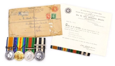 A WWI medal pair and later medals, comprising 1914-18 British War medal and Victory medal, inscribed to 36099 Sgt. E Ward, Northumberland Fusiliers, together with WWII Defence medal and St Johns Ambulance Long Service medal and bar, inscribed 29236 Cpl. E