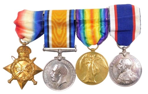 A WWI medal group, comprising 1914-18 British War medal, 1914-15 Star, Victory medal and Royal Fleet Reserve Long Service and Good Conduct medal, inscribed to J6464 B R C Burgess L Sea, RNR and RFR.