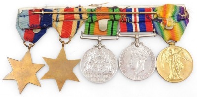 A WWI and WWII medal group, comprising Victory medal inscribed to 19876 Pte. W Hibert, East Lancs Rgt., and 1939-45 British War medal, Defence medal, Africa Star (First Army insignia) and 1939-45 Star. - 2