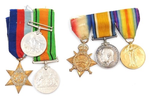 A WWI and WWII medal group, comprising 1914-15 Star, British War medal and Victory medal, inscribed to 9645 Pte. G L Wootten, Wiltshire Rgt., and WWII 1939-45 British War medal, Defence medal and 1939-45 Star.