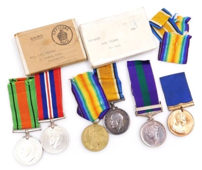 A WWI medal pair and later associated family medals, comprising 1914-18 British War medal and Victory medal, inscribed to 85536 Gnr. F Wilson, Royal Artillery, 1939-45 British War medal and Defence medal, and George VI General Service medal with South Eas