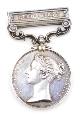 An India General Service medal, with Burma clasp 1885-7, inscribed 251 Pte. W Salter, 2nd Battalion Somerset Light Infantry, lacking ribbon.