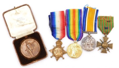 A WWI medal group, comprising 1914-18 British War medal, 1914-15 Star and Victory medal and French 1914-18 Croix de Guere, the British medals inscribed to GS-7403 Pte. J Spoor, 4th Dragoon Guards and Royal Navy and Army Boxing Association bronze medal, in