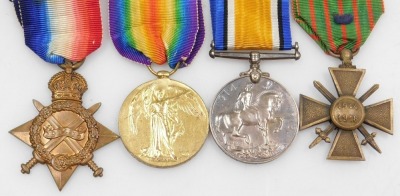 A WWI medal group, comprising 1914-18 British War medal, 1914-15 Star and Victory medal and French 1914-18 Croix de Guere, the British medals inscribed to GS-7403 Pte. J Spoor, 4th Dragoon Guards and Royal Navy and Army Boxing Association bronze medal, in - 2