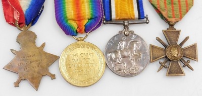 A WWI medal group, comprising 1914-18 British War medal, 1914-15 Star and Victory medal and French 1914-18 Croix de Guere, the British medals inscribed to GS-7403 Pte. J Spoor, 4th Dragoon Guards and Royal Navy and Army Boxing Association bronze medal, in - 3