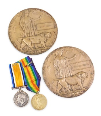 Two WWI bronze death plaques and a medal pair, the two plaques named to brothers John and William Peate, and the medal pair comprising British War medal and Victory medal to 10261 Pte. E Peate, Machine Gun Corps.