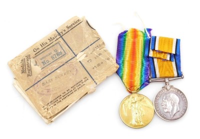 A WWI medal pair, comprising 1914-18 British War medal and Victory medal, inscribed to 232754 Pte. J Witham, with original OHMS postal packaging.