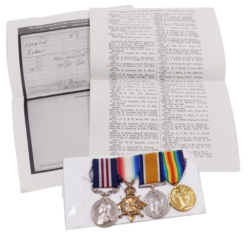 A WWI Military Medal group, comprising Military medal, 1914-18 British War medal, 1914-15 Star and Victory medal, inscribed 91074 L Cpl. R Adamson, 130/F Company RE, with replacement ribbons and facsimile copies of notice in the London Gazette October 191