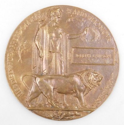 WWI medal pair and death plaque, comprising 1914-18 British War medal and Victory medal, with death plaque named to Joseph Lawson, the medals inscribed to 202984 Pte. J Lawson, Lincolnshire Rgt. - 6