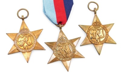 Three WWII medals, comprising France and Germany Star, and two 1939-45 Stars, two lacking ribbons.