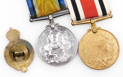 1914-18 British War medal and Special Constabulary medal, the War medal inscribed to 35202 Pte. H Dransfield, Leicestershire Rgt., and the Queen Elizabeth II Special Constabulary medal inscribed Horace Dransfield, and with Lincolnshire Special Constabular - 2