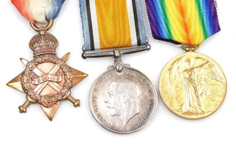 A WWI medal trio, comprising 1914-18 British War medal, 1914-15 Star and Victory medal, inscribed SS106540 B Cob Stoker 1 Royal Navy, (replacement ribbons).