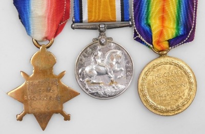 A WWI medal trio, comprising 1914-18 British War medal, 1914-15 Star and Victory medal, inscribed SS106540 B Cob Stoker 1 Royal Navy, (replacement ribbons). - 2