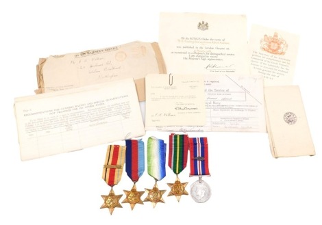 A WWII medal group, comprising 1939-45 British War medal with mentioned in despatches oak leaf insignia, Pacific Star, Africa Star (North Africa 1942-43 clasp), 1939-45 Star and Atlantic Star, with certificate of service and Kings Order for MID to Leading