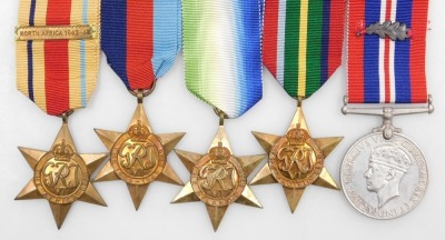 A WWII medal group, comprising 1939-45 British War medal with mentioned in despatches oak leaf insignia, Pacific Star, Africa Star (North Africa 1942-43 clasp), 1939-45 Star and Atlantic Star, with certificate of service and Kings Order for MID to Leading - 2