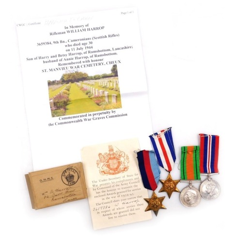 A WWII medal group, comprising 1939-45 British War medal, Defence medal, 1939-45 Star and France and Germany Star, to Rifleman William Harrop, 3659384, 9th Battalion Cameronians (Scottish Rifles), with original OHMS packaging, OHMS box, etc.