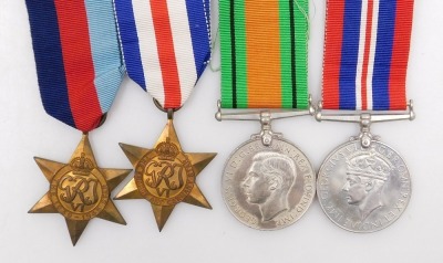 A WWII medal group, comprising 1939-45 British War medal, Defence medal, 1939-45 Star and France and Germany Star, to Rifleman William Harrop, 3659384, 9th Battalion Cameronians (Scottish Rifles), with original OHMS packaging, OHMS box, etc. - 2