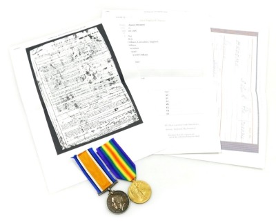 A WWI medal pair, comprising 1914-18 British War medal and Victory medal, inscribed to 202034 Pte. J Broome, Lancashire Rgt., both with replacement ribbons, and facsimile documentation.