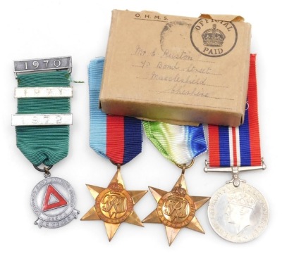 A WWII medal group, comprising 1939-45 British War medal, Atlantic Star and 1939-45 Star, to E Rushden, Bond Street, Macclesfield; as detailed on OHMS box, and Advanced Motorist medal for 1970, '71 and '72.